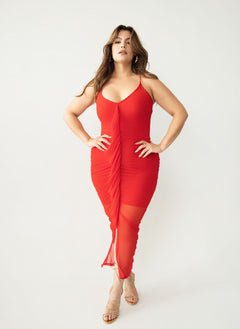 Lenia Ruched Mesh Bodycon Midi Dress