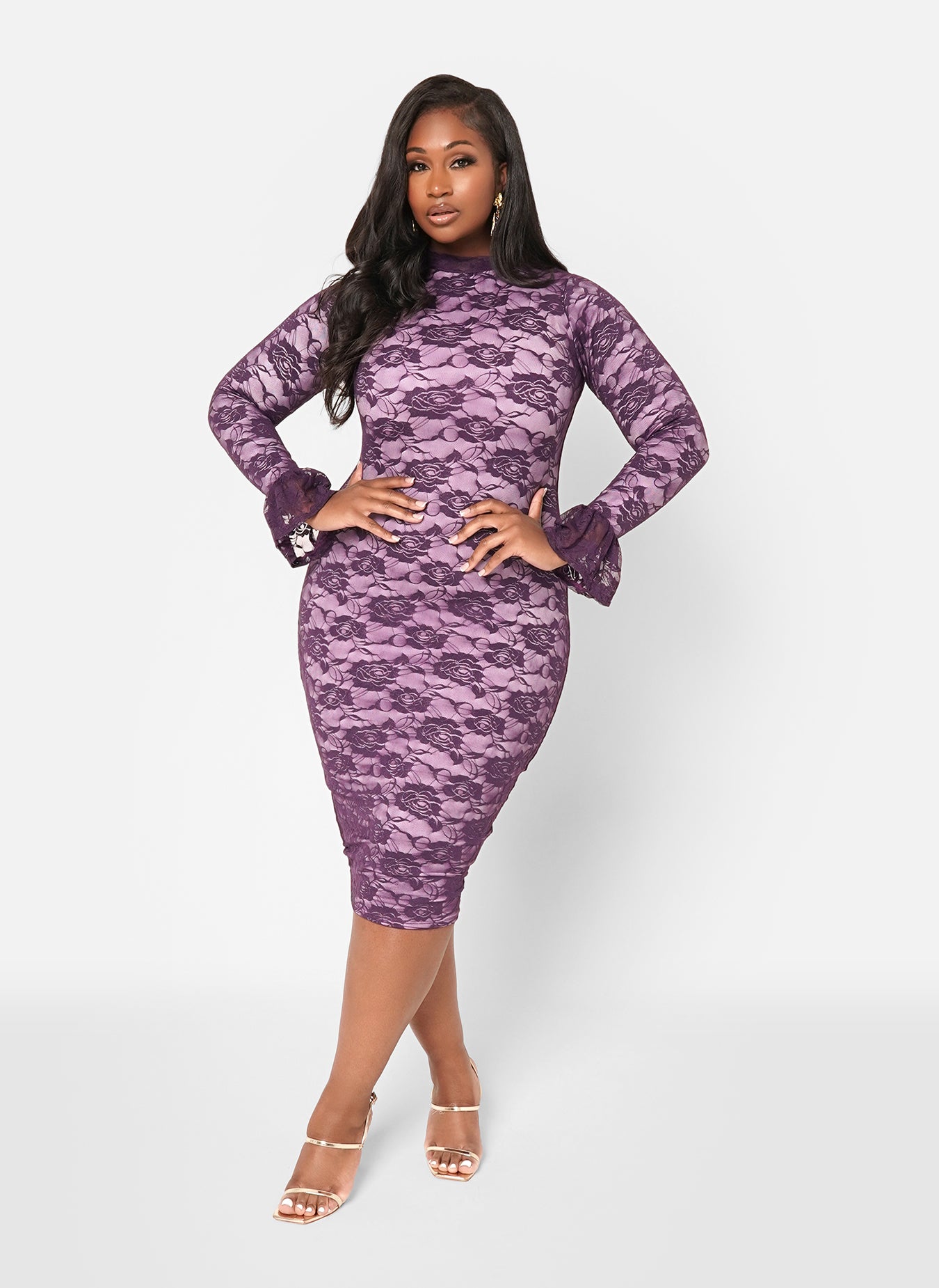 Purple lace midi dress on sale