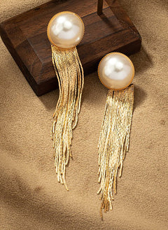 Pearl Stud w. Detachable Chains Tassel Earrings