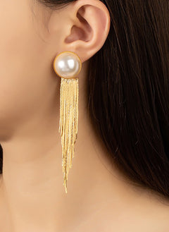 Pearl Stud w. Detachable Chains Tassel Earrings
