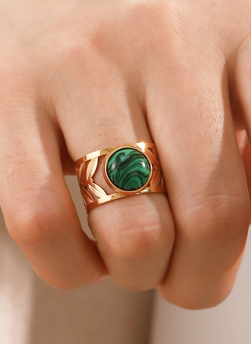 18k Gold Plated Malachite Leaf Ring