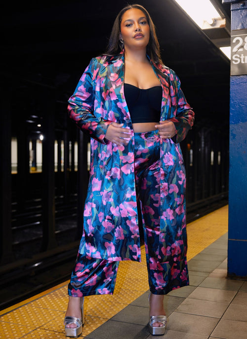 Venus Floral Print Satin Longline Blazer
