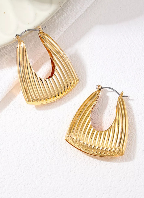 18K Gold-Plated Alloy Ribbed Triangular Hoop Earrings