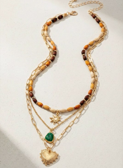 Layered Wood Bead and Charm Necklace