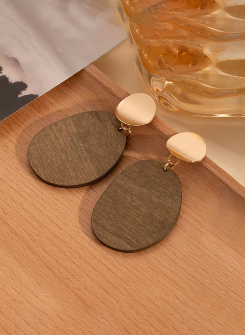 18K Gold-Plated Geometric Wood Drop Earrings