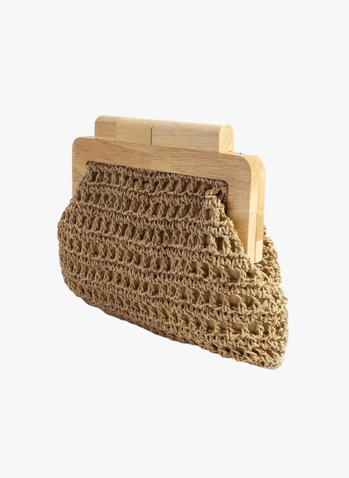 Fame Straw Braided Wooden Top Frame Clutch Bag