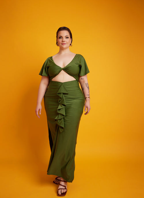 Christine Ruffled Cut-Out Maxi Dress - Green
