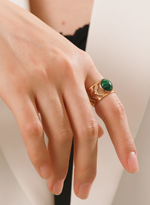 18k Gold Plated Malachite Leaf Ring