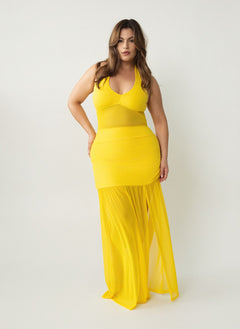 Malia Halter Mesh Ruched Maxi Dress