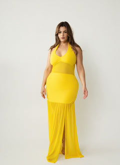 Malia Halter Mesh Ruched Maxi Dress