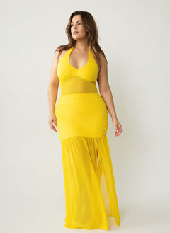 Malia Halter Mesh Ruched Maxi Dress