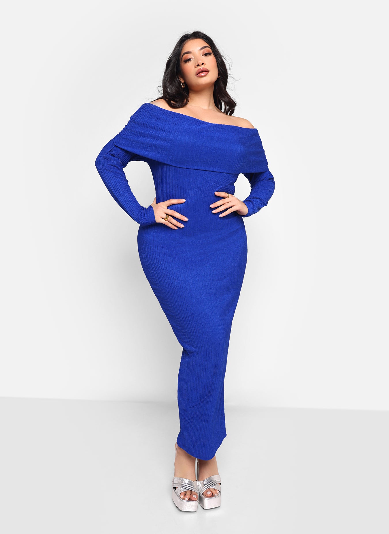 Betty Textured Off Shoulder Maxi Bodycon Dress - Royal Blue REBDOLLS Betty Textured Off Shoulder Maxi Bodycon Dress - Royal Blue REBDOLLS