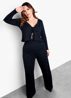 Booked & Busy Long Sleeve Tie Front Cardigan and High Waisted Pants Set