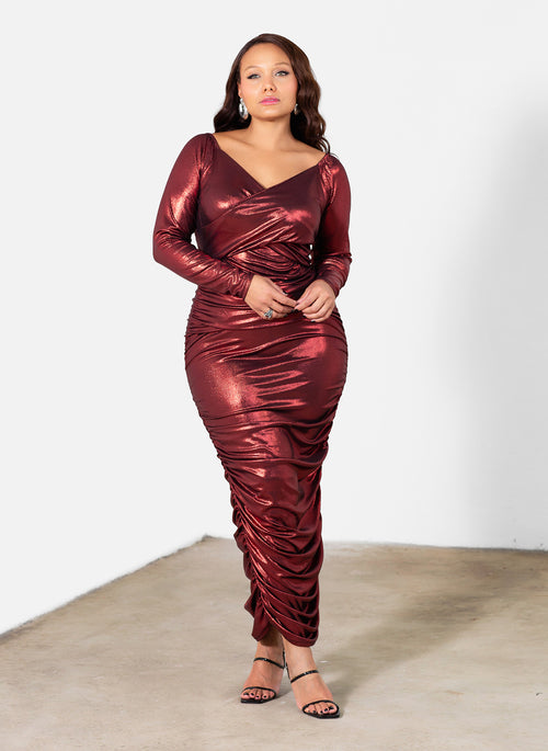 Destiny Shiny Ruched Bodycon Maxi Dress