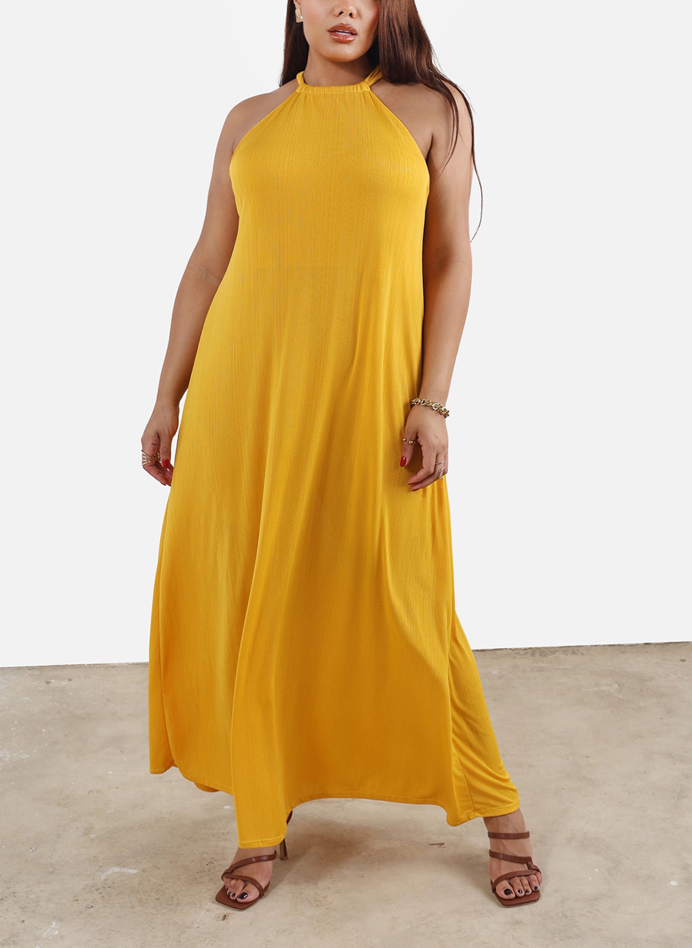 Donna High Neck Semi-Sheer Maxi Dress Yellow / 1X: 14-16 at Rebdolls