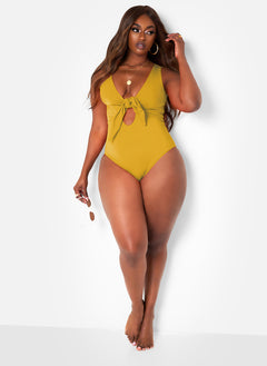 Happy Hour Tie Front Keyhole Swimsuit - Mustard