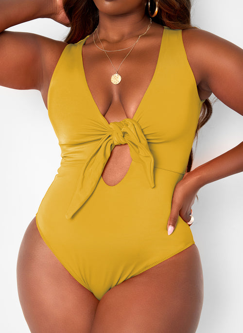 Happy Hour Tie Front Keyhole Swimsuit - Mustard