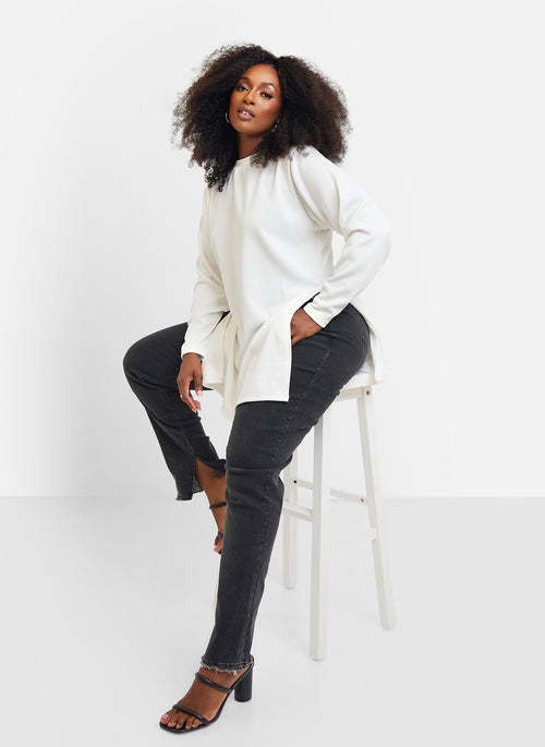 Hope Ribbed Oversized Double Split Sweater - White