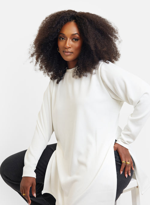 Hope Ribbed Oversized Double Split Sweater - White
