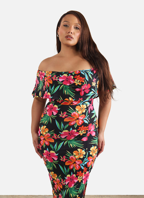 Jess Over The Shoulder Floral Bodycon Maxi Dress