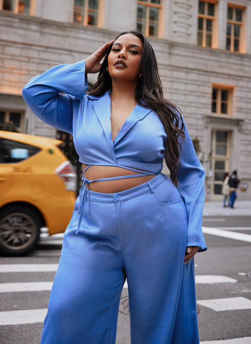 Jorja Cropped Tie Waist Blazer - Light Blue