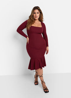 Larisa Ribbed Fit & Flare Midi Bodycon Dress - Wine