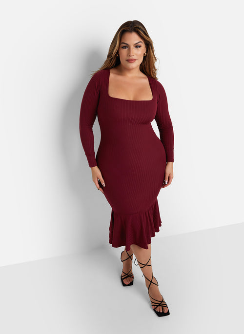 Larisa Ribbed Fit & Flare Midi Bodycon Dress - Wine