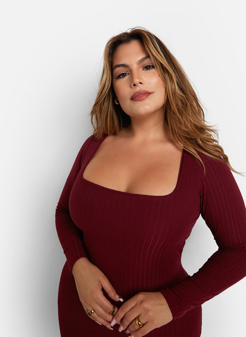 Larisa Ribbed Fit & Flare Midi Bodycon Dress - Wine