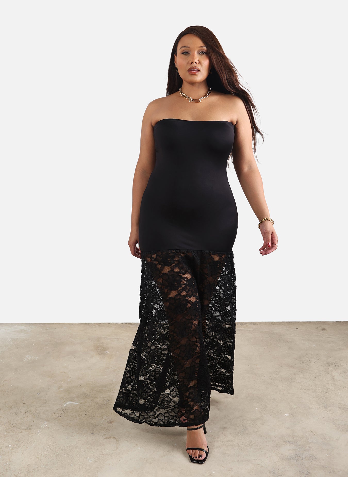 Layla Strapless Lace Hem Maxi Dress - Black / 1X: 14-16 Layla Strapless Lace Hem Maxi Dress - Black / 1X: 14-16
