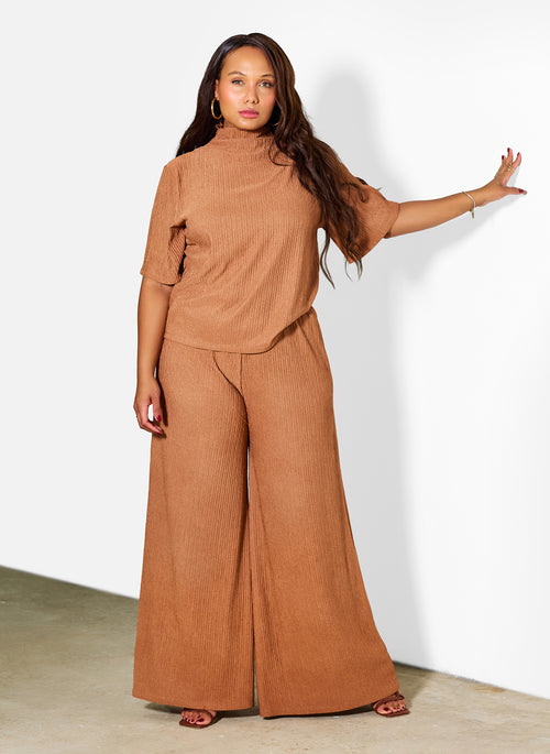 Monique Textured Wide Leg Pants - Brown
