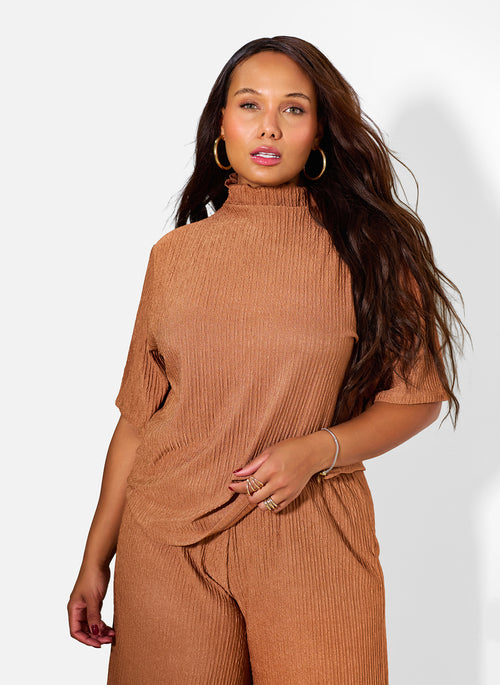 Monique Textured Oversized Short Sleeve Top - Brown
