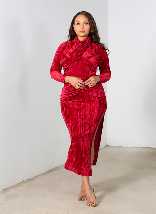 Marley Distressed Velvet High Slit Maxi Dress