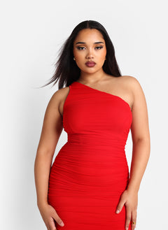 Paris Mesh One Shoulder Asymmetrical Midi Bodycon Dress - Cherry