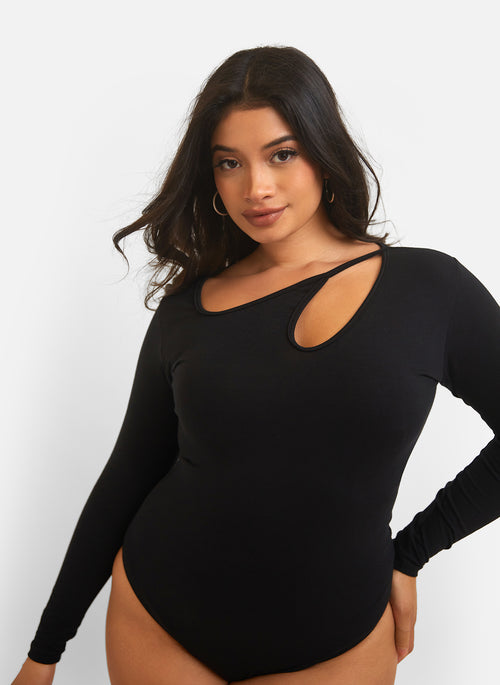 Piece of You Cut Out Long Sleeve Bodysuit - Black