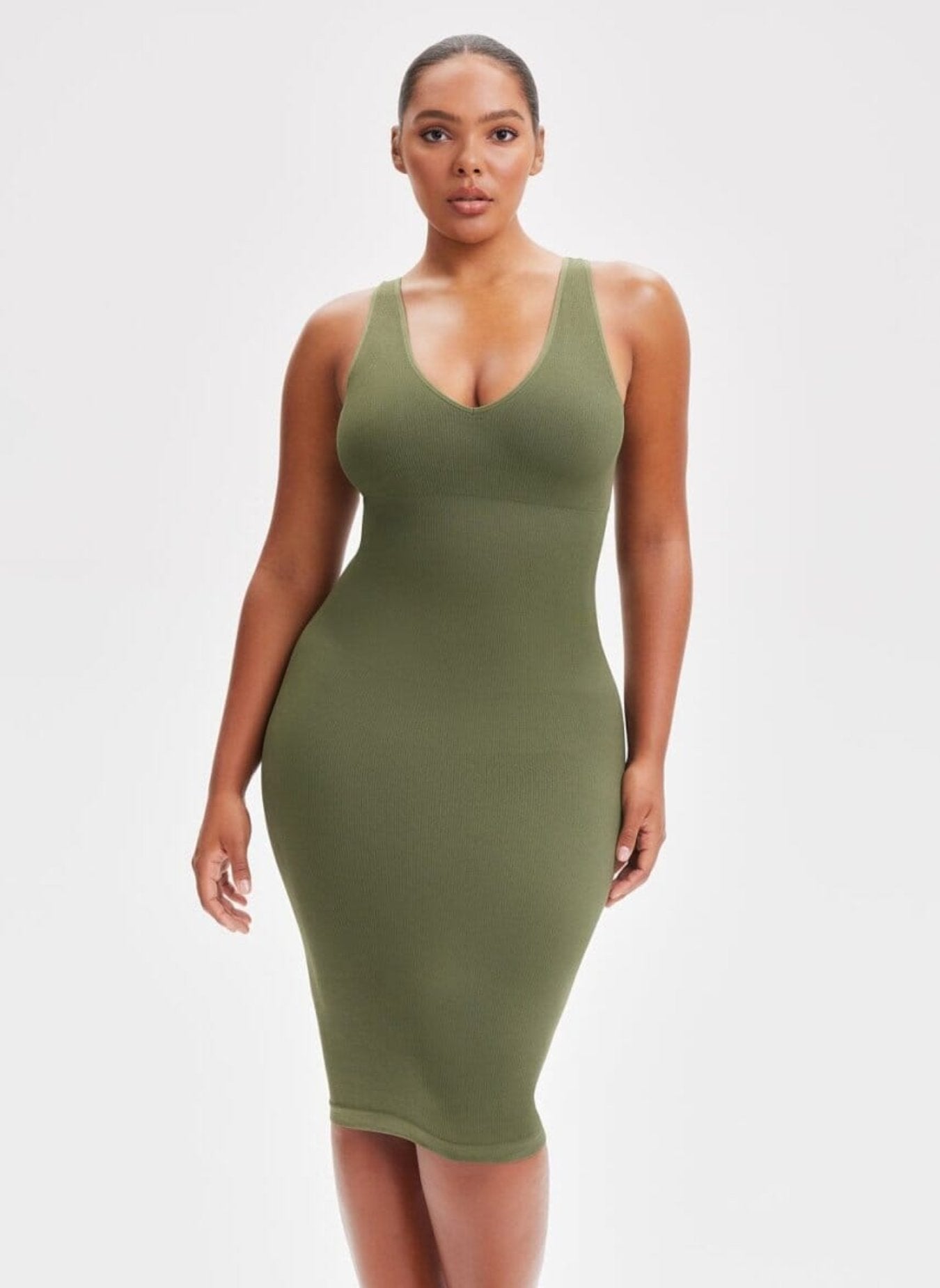 She Waisted Built In Shape Wear V Neck Tank Midi Dress