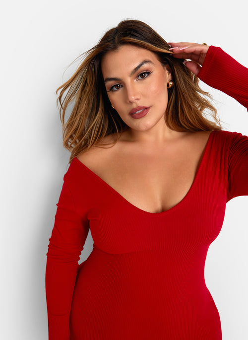 Santana Ribbed Off Shoulder Midi Bodycon Dress - Red