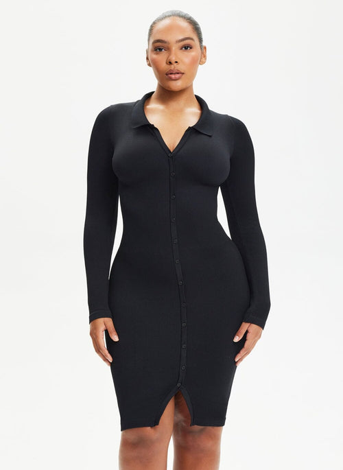 She Waisted SnatchedKnit Front Button Collar Midi Dress