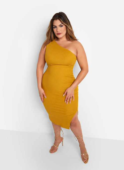 Shelby Ribbed One Shoulder Midi Bodycon Dress