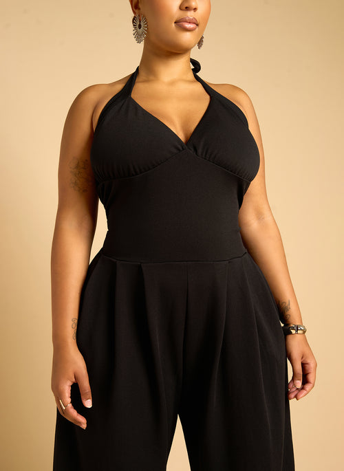 Adelaine Drop Waist Wide Leg Jumpsuit w. Pockets - Black