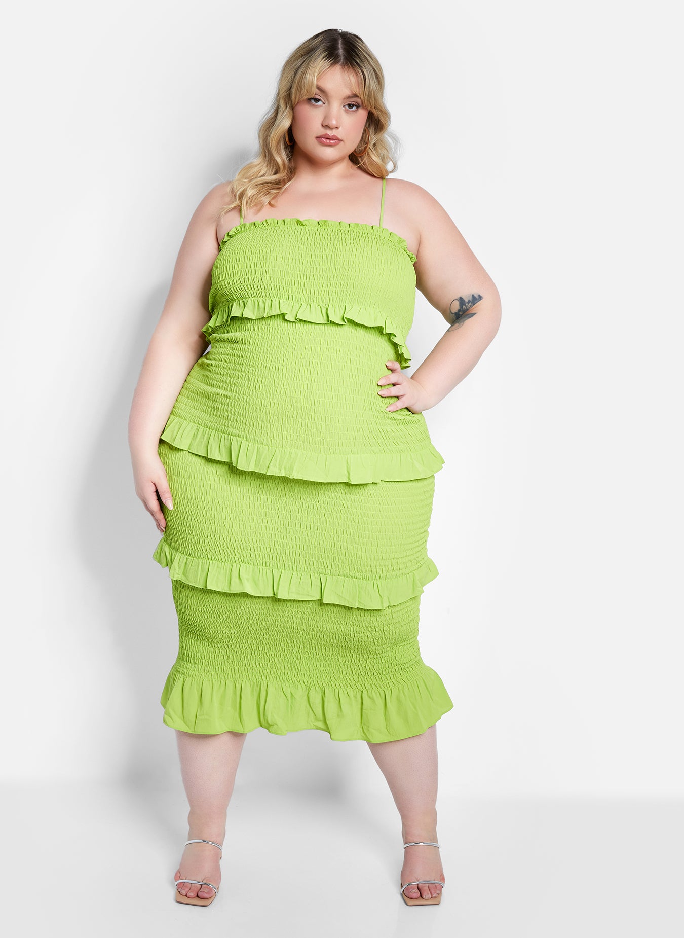 After Party Smocked Layered Ruffled Midi Bodycon Dress - Lime Green