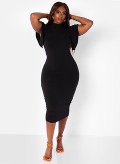 All The Drama Ruffle Sleeve Midi Bodycon Dress - Black