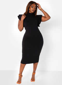 All The Drama Ruffle Sleeve Midi Bodycon Dress - Black
