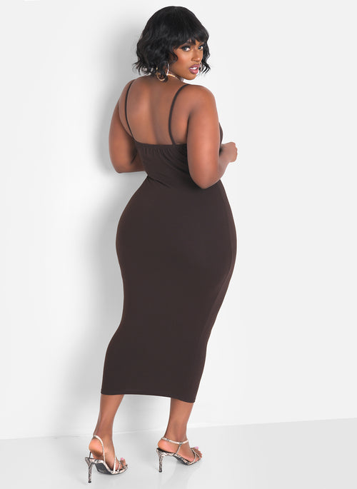 A Lot To Love V-Neck Midi Dress & Cardigan Set - Brown