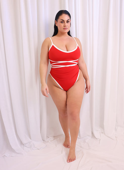Bon Voyage Contrast Strap Swimsuit - Red & White