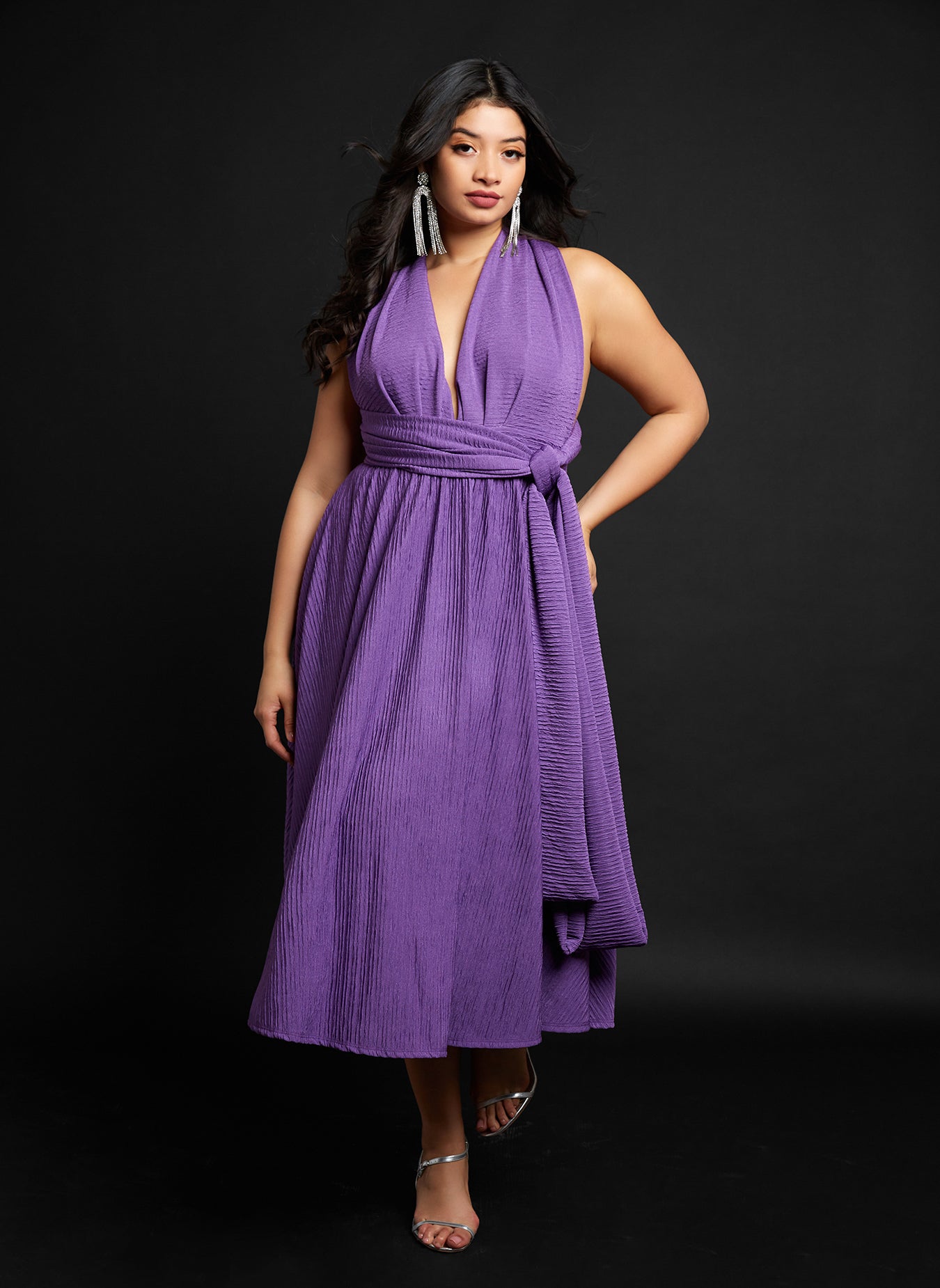 Capricorn Textured V Neck Midi A Line Dress - Violet