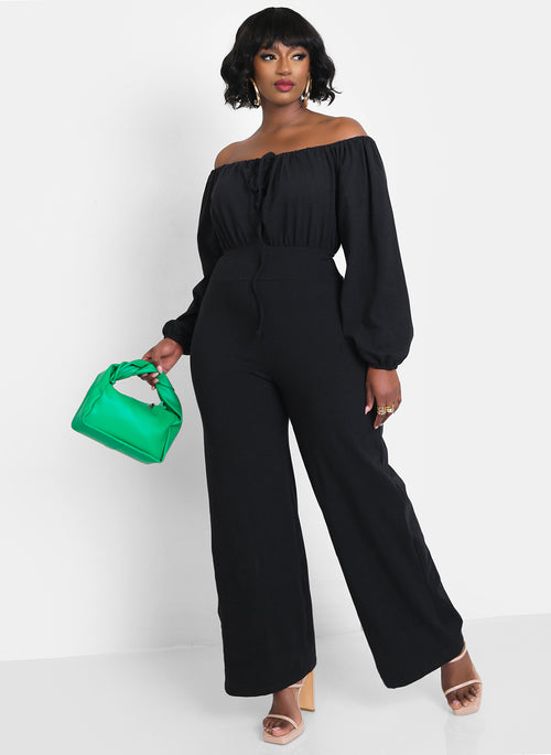 Champagne Toast Tie Front Long Sleeve Jumpsuit - Black