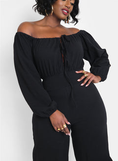 Champagne Toast Tie Front Long Sleeve Jumpsuit - Black