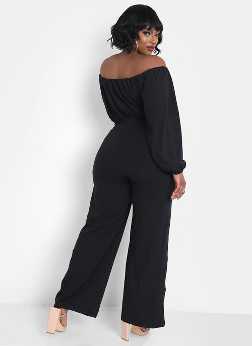 Champagne Toast Tie Front Long Sleeve Jumpsuit - Black
