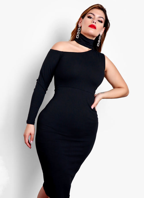 Cold Shoulder Single Sleeve Bodycon Midi Dress