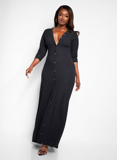 Devoted Ribbed Button Front Maxi A Line Dress - Black